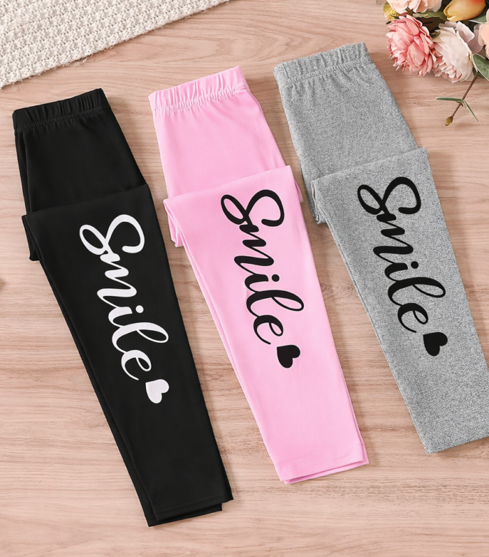 Pack of 3 Graphic Love Smile Printed Leggings For Girls