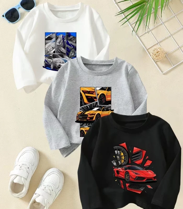 Pack of 3 Racing Cars Printed Long Sleeve T-Shirts for Kids