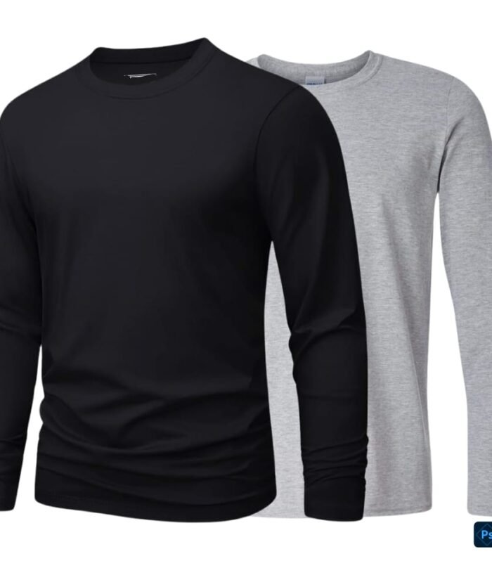 Pack of 2 Men’s Full Sleeve Plain T-Shirts – Black & Heather Grey