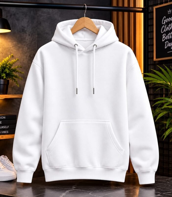 Men’s Plain White Cotton Fleece Hoodie