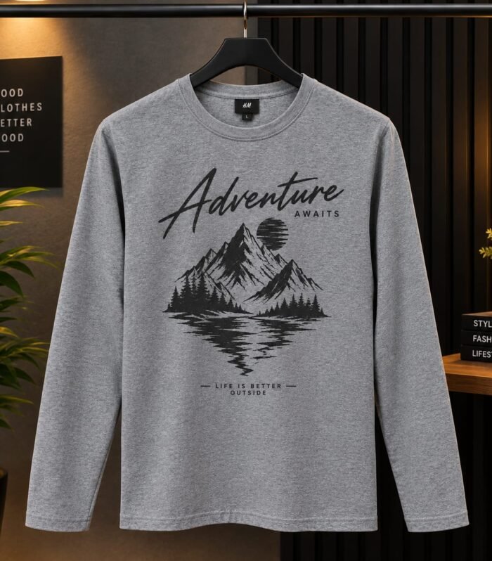 Adventure Awaits Mountain Graphic Full Sleeve T-Shirt – Heather Grey