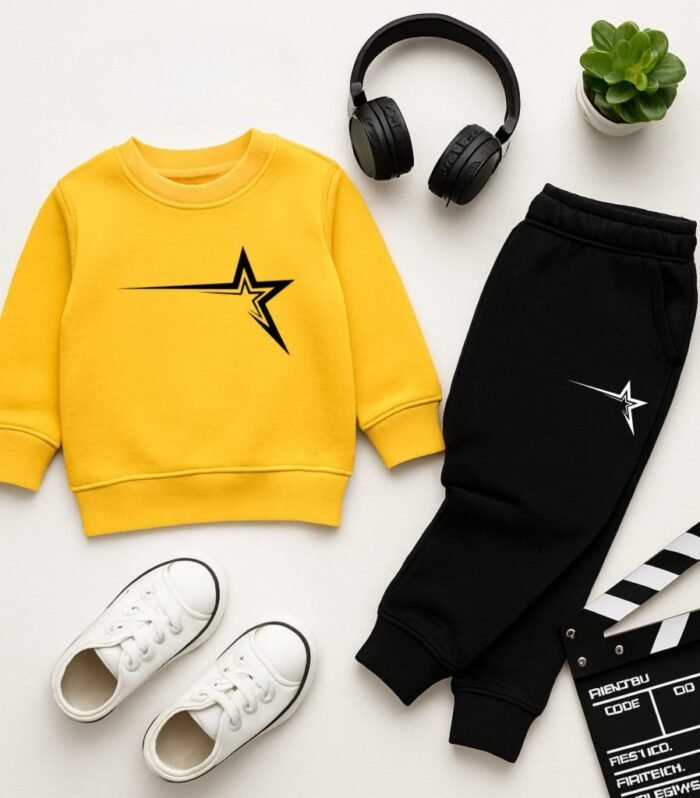 Star Printed Yellow Sweatshirt Tracksuit for Kids