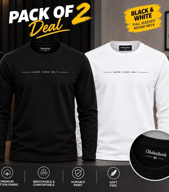 Pack of 2 Men’s Good Vibes Only Full Sleeve T-Shirts – Black & White