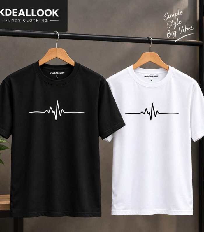 Pack of 2 Men’s Heartbeat Graphic Half Sleeve T-Shirts – Black & White