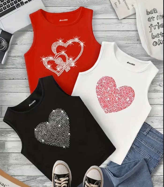 Pack of 3 Glitter Heart Girls Printed Tank Tops