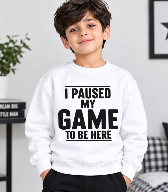 Kids Premium White “I Paused My Game to Be Here” Graphic Sweatshirt