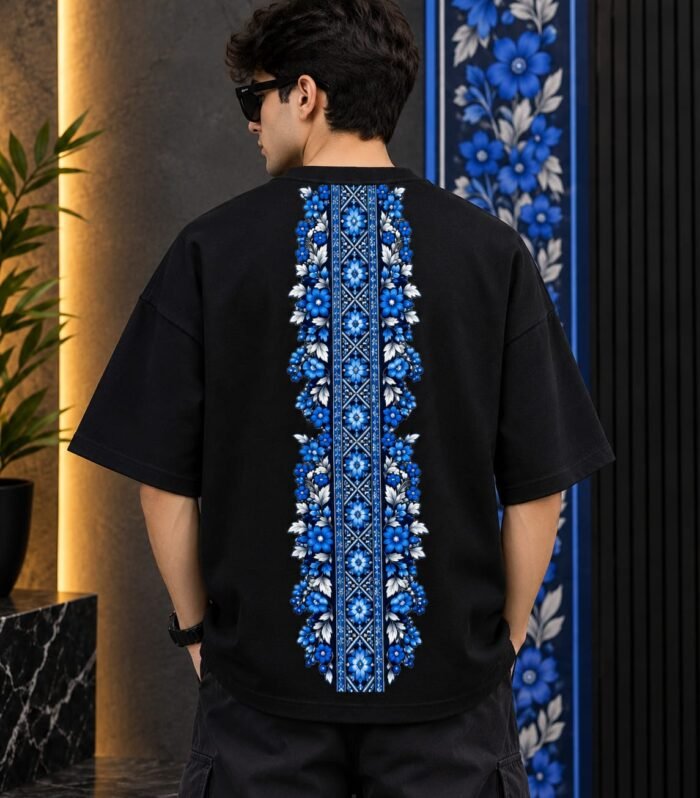 Premium Black Infinite Petals Floral Graphic Oversized T-Shirt for Men – Blue & White Flower Design