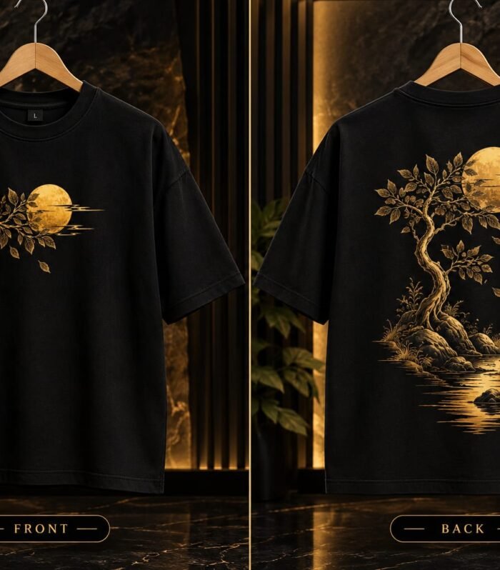 Premium Black Moonlit Tree Graphic Oversized T-Shirt