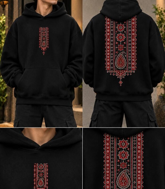 Premium Black Ajrak Printed Oversized Hoodie