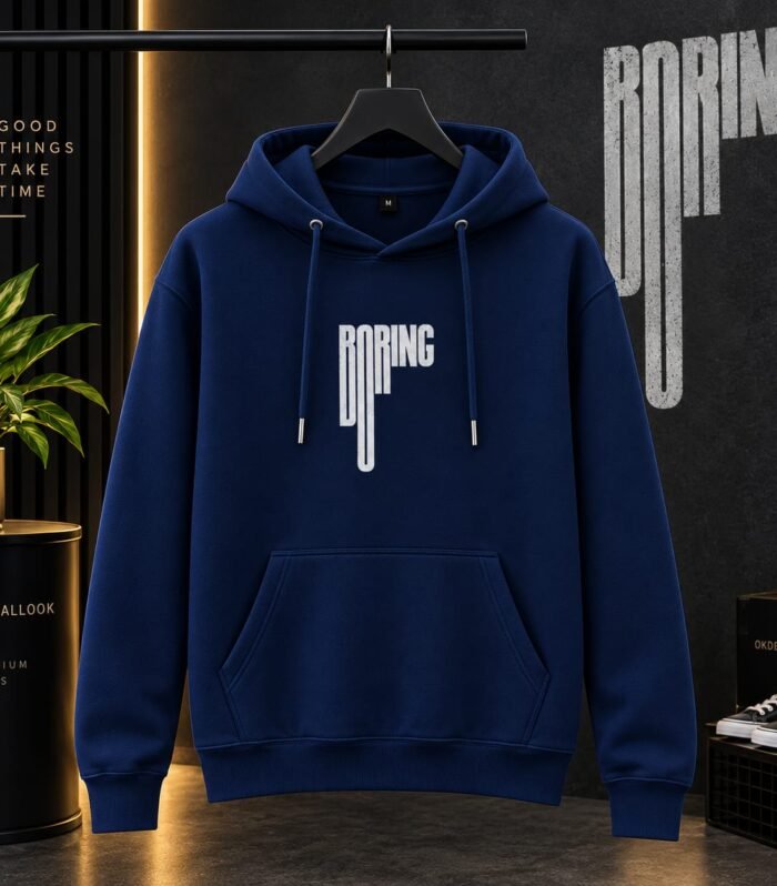 Premium Navy Blue Boring Graphic Printed Pullover Hoodie for Men