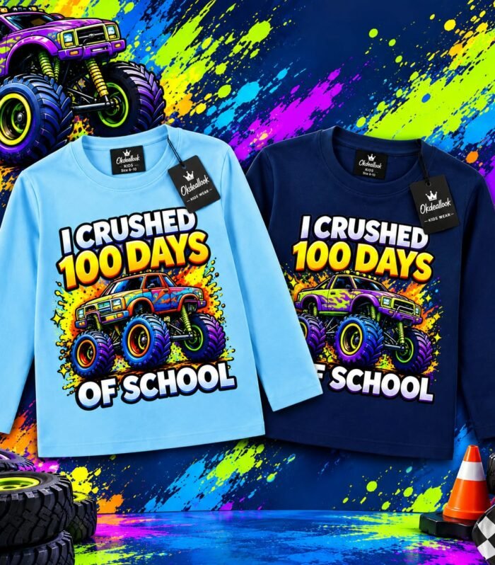 Premium Kids I Crushed 100 Days of School Monster Truck Graphic Full Sleeve T-Shirt – Pack of 2