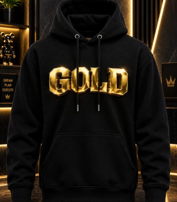 Premium Black Gold 3D Graphic Pullover Hoodie for Men