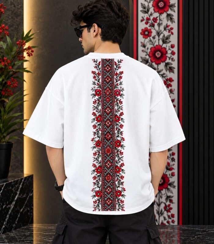 Premium Ajrak Printed White Oversized T-Shirt for Men