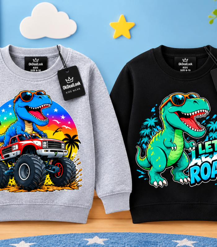 Kids Pack of 2 Let’s Roar Graphic Sweatshirts – Black & Heather Grey