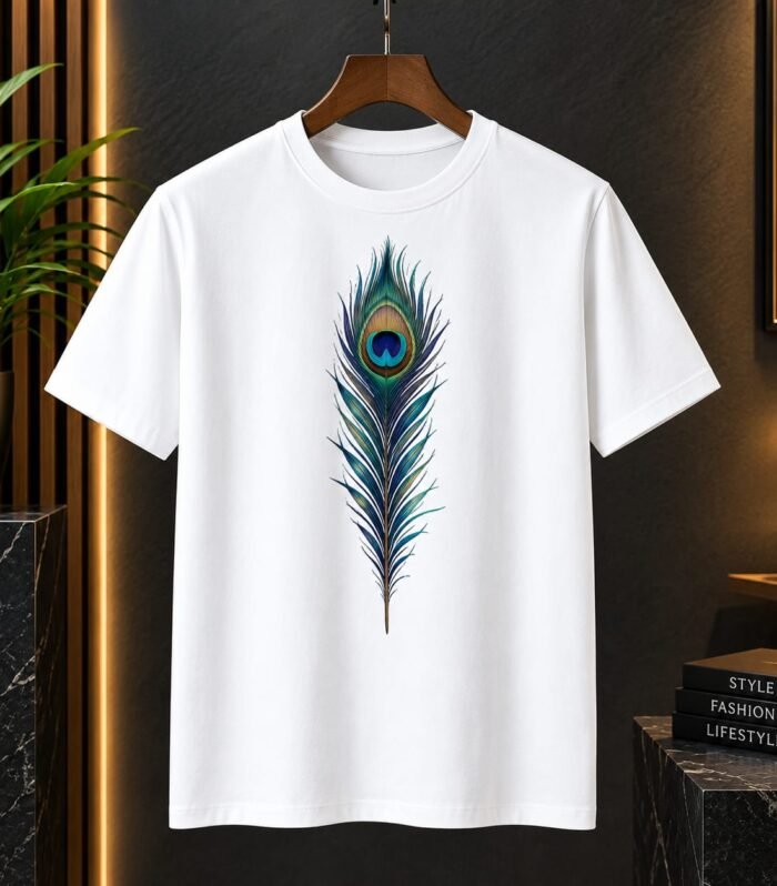 Premium Peacock Feather White T-Shirt