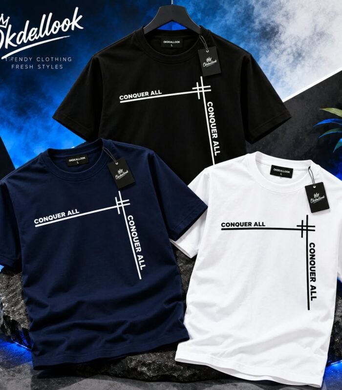 Premium Pack of 3 Conquer All Graphic Printed T-Shirts for Men – Black, Navy Blue & White