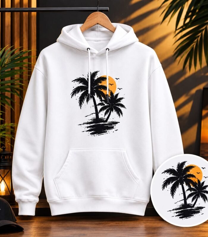 Men’s Tropical Palm Tree Sunset Graphic White Hoodie