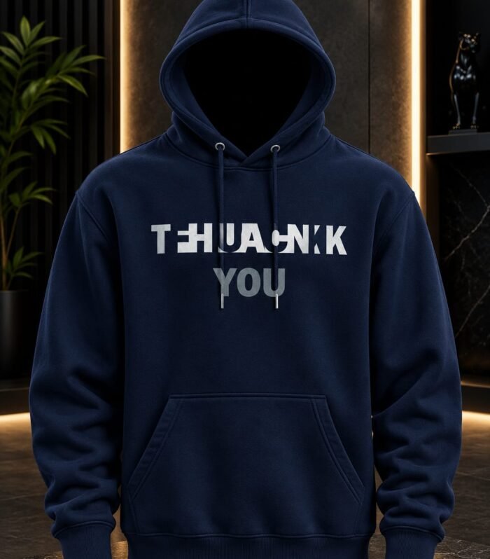 Premium Navy Blue Thank You Graphic Printed Hoodie for Men